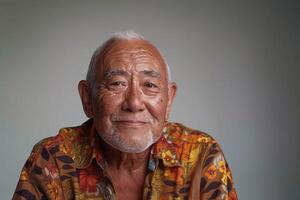 ai generado retrato de sonriente asiático mayor hombre en un sólido gris antecedentes foto