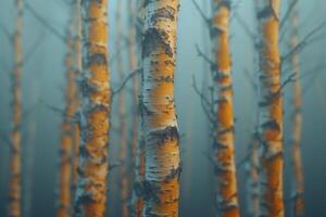 AI generated background with birch forest in the fog, early spring, nature photo