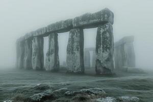 ai generado antiguo megalítico cromlech en un escarchado Mañana foto