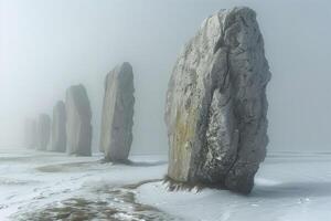 AI generated ancient megalithic stone row, alignment on a frosty winter day photo