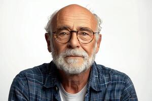 AI generated portrait of smiling senior man wearing eyeglasses on a solid white background photo