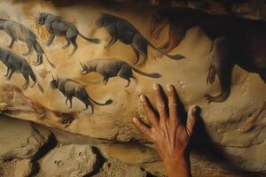 ai generado cueva cuadro, el mano de un indígena persona toques un antiguo Roca con misterioso criaturas representado en eso foto