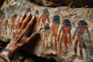 AI generated cave painting, the hand of an indigenous person touches an ancient stone with human figures depicted on it photo