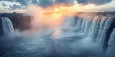 ai generado panorámico aéreo ver de un grande cascada a amanecer foto