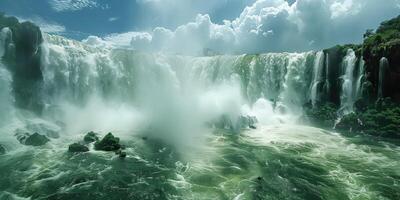 AI generated panoramic view of large powerfull waterfall photo