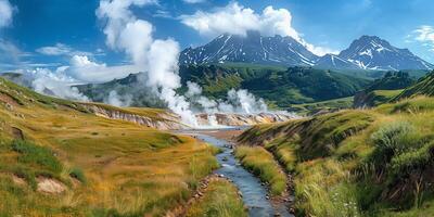 AI generated landscape of volcanic valley with geysers and geothermal stream photo