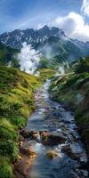 AI generated vertical view of a volcanic valley with geysers and thermal streams photo