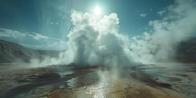 AI generated erupting water geyser in the sun rays photo