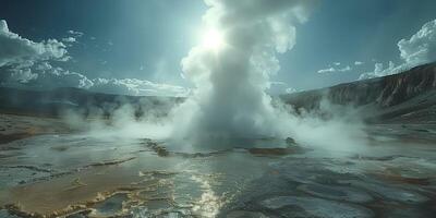 AI generated erupting water geyser in the sun rays photo