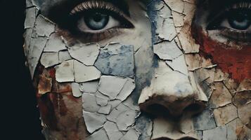 AI generated Vintage collage with torn paper, eye and woman in frame style on cracked photographic film photo