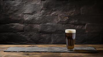 AI generated Refreshing steamed glass of cold dark graphite beer on weathered rustic wooden table photo