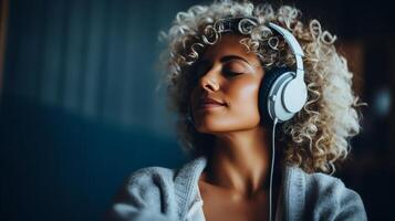 AI generated Positive and attractive woman enjoying music with headphones, listening to her favorite songs photo