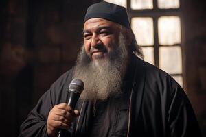 AI generated Orthodox monk addressing microphone, delivering speech in front of an attentive audience photo