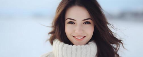 AI generated Woman With Long Brown Hair in White Sweater photo