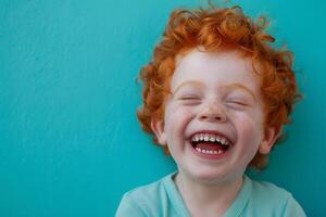 AI generated Young Boy With Red Hair Laughing and Wearing Blue Shirt photo