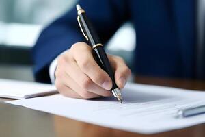 AI generated Businessman in suit holding ballpoint pen to sign document or contract photo