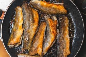 fried navaga fish in a frying pan on the kitchen stove photo