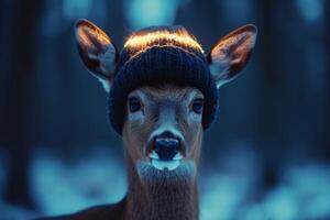 AI generated A roe deer with a lantern on its head stands in a dark forest photo