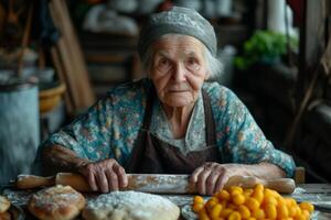 ai generado un oriental europeo abuela en el cocina con un laminación alfiler en su manos prepara masa foto