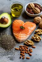 ai generado productos con un fuente de Omega 3 y insaturado grasas superalimentos alto en vitamina mi y dietético fibra para un sano dieta foto