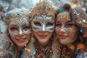 AI generated Three Beautiful women in a mysterious Venetian mask photo