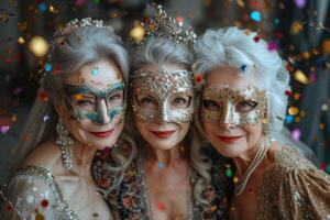 ai generado Tres hermosa mujer en un misterioso veneciano máscara foto