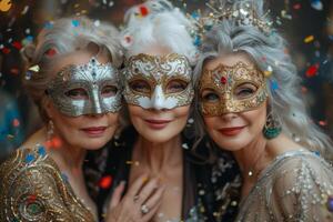 AI generated Three Beautiful women in a mysterious Venetian mask photo