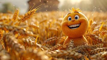 AI generated A cheerful cartoon sunny character in a field with wheat. 3d illustration photo