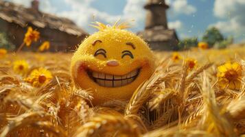 AI generated A cheerful cartoon sunny character in a field with wheat. 3d illustration photo