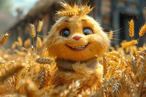 AI generated A cheerful cartoon sunny character in a field with wheat. 3d illustration photo