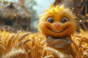 AI generated A cheerful cartoon sunny character in a field with wheat. 3d illustration photo