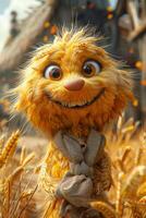 AI generated A cheerful cartoon sunny character in a field with wheat. 3d illustration photo