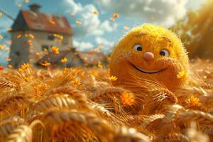 ai generado un alegre dibujos animados soleado personaje en un campo con trigo. 3d ilustración foto