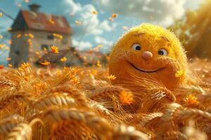 AI generated A cheerful cartoon sunny character in a field with wheat. 3d illustration photo