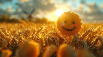 AI generated A cheerful cartoon sunny character in a field with wheat. 3d illustration photo