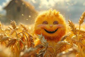 AI generated A cheerful cartoon sunny character in a field with wheat. 3d illustration photo