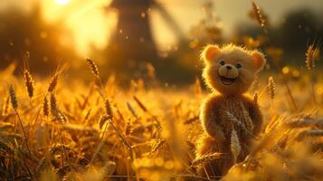 AI generated A cheerful cartoon sunny character in a field with wheat and a mill. 3d illustration photo