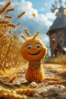 AI generated A cheerful cartoon sunny character in a field with wheat. 3d illustration photo