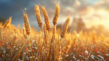 AI generated Ears of golden wheat in close-up. Beautiful natural landscape at sunset. A field with wheat photo