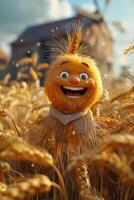 AI generated A cheerful cartoon sunny character in a field with wheat. 3d illustration photo