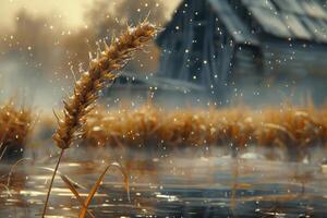 AI generated Ears of golden wheat in close-up. Beautiful natural landscape at sunset. A field with wheat photo