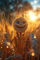 AI generated A cheerful cartoon sunny character in a field with wheat. 3d illustration photo