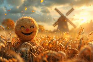 AI generated A cheerful cartoon sunny character in a field with wheat and a mill. 3d illustration photo