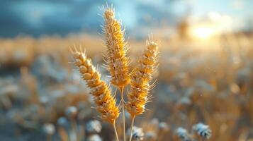AI generated Ears of golden wheat in close-up. Beautiful natural landscape at sunset. A field with wheat photo