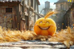 AI generated A cheerful cartoon sunny character in a field with wheat. 3d illustration photo