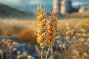 AI generated Ears of golden wheat in close-up. Beautiful natural landscape at sunset. A field with wheat photo