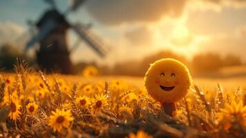 AI generated A cheerful cartoon sunny character in a field with wheat and a mill. 3d illustration photo