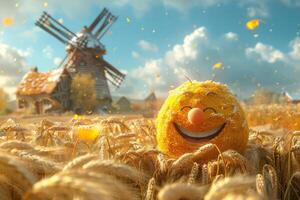 AI generated A cheerful cartoon sunny character in a field with wheat and a mill. 3d illustration photo