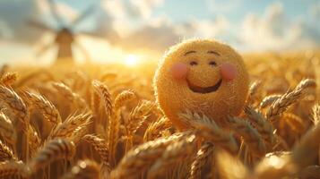 AI generated A cheerful cartoon sunny character in a field with wheat. 3d illustration photo