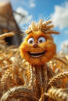 AI generated A cheerful cartoon sunny character in a field with wheat. 3d illustration photo